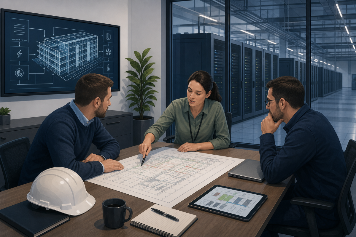 Engineers reviewing building controls plans in a data centre meeting room